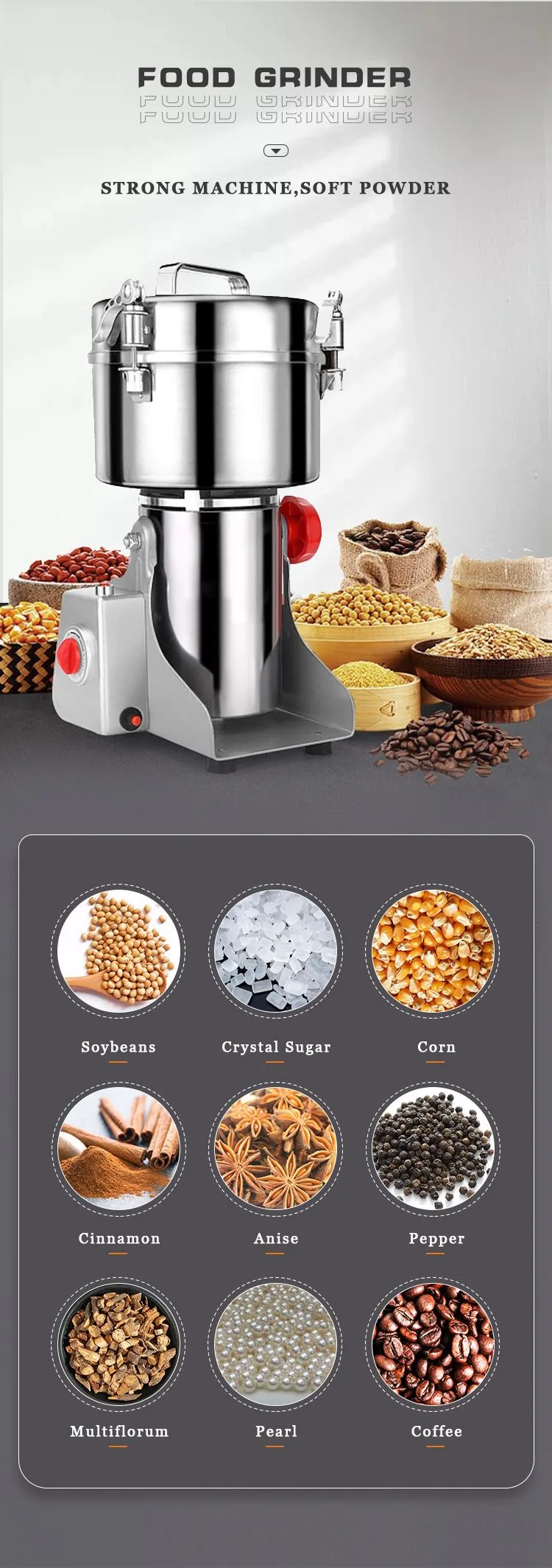 Ootd Processing Stainless Steel Spice Grinder Dry Herb Grain Grinder Flour Mill Food Grinder